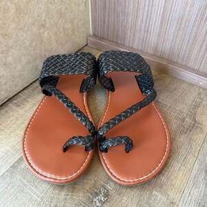 Women's Black Woven Strap Thong Flat Sandals